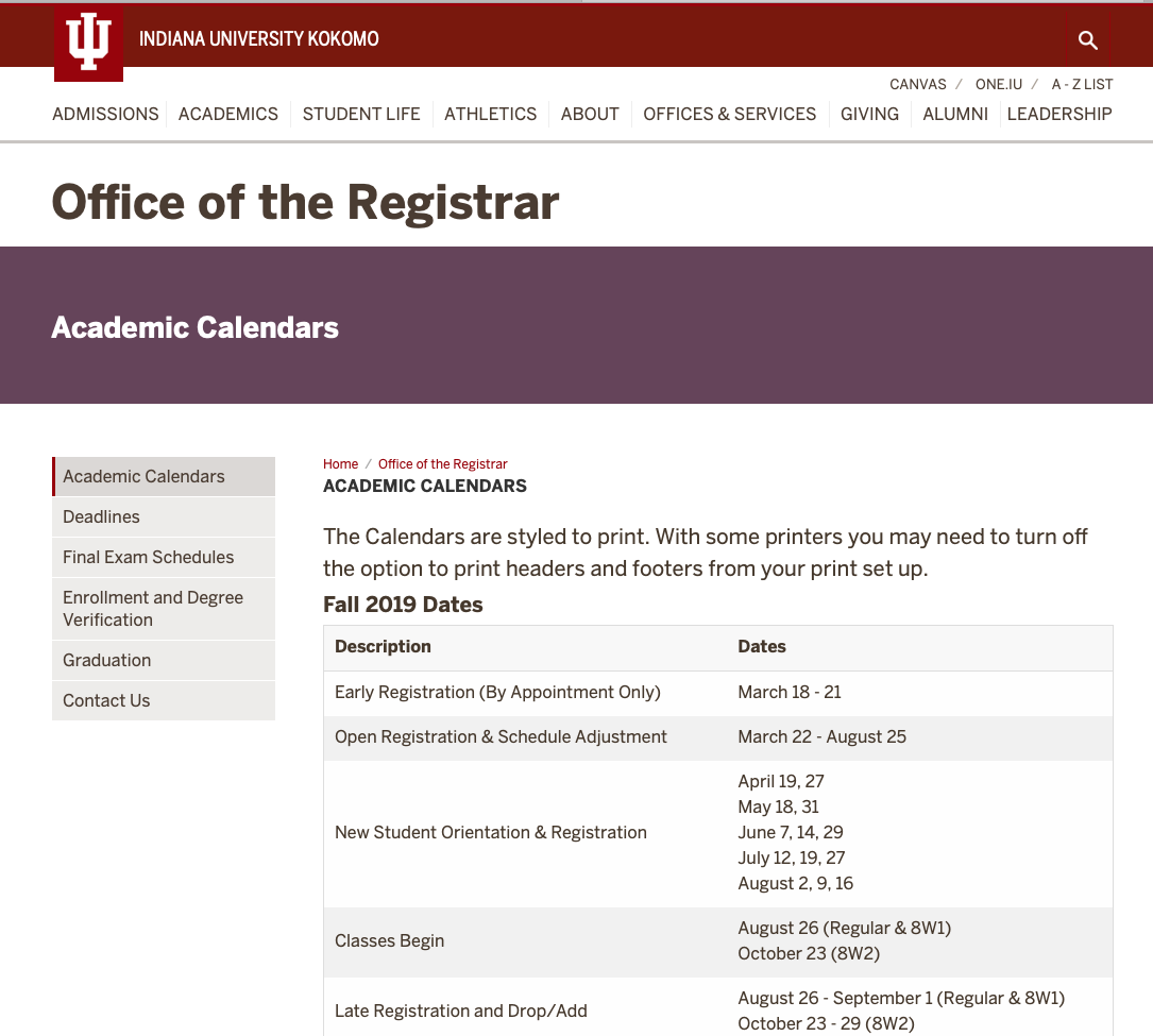 Academic Calendar | IU Kokomo | One.IU